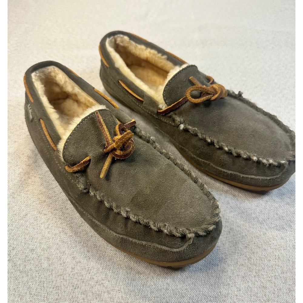LL Bean Wicked Good Moccasins Mens 9 Suede Shearling Slippers Olive Green 264593